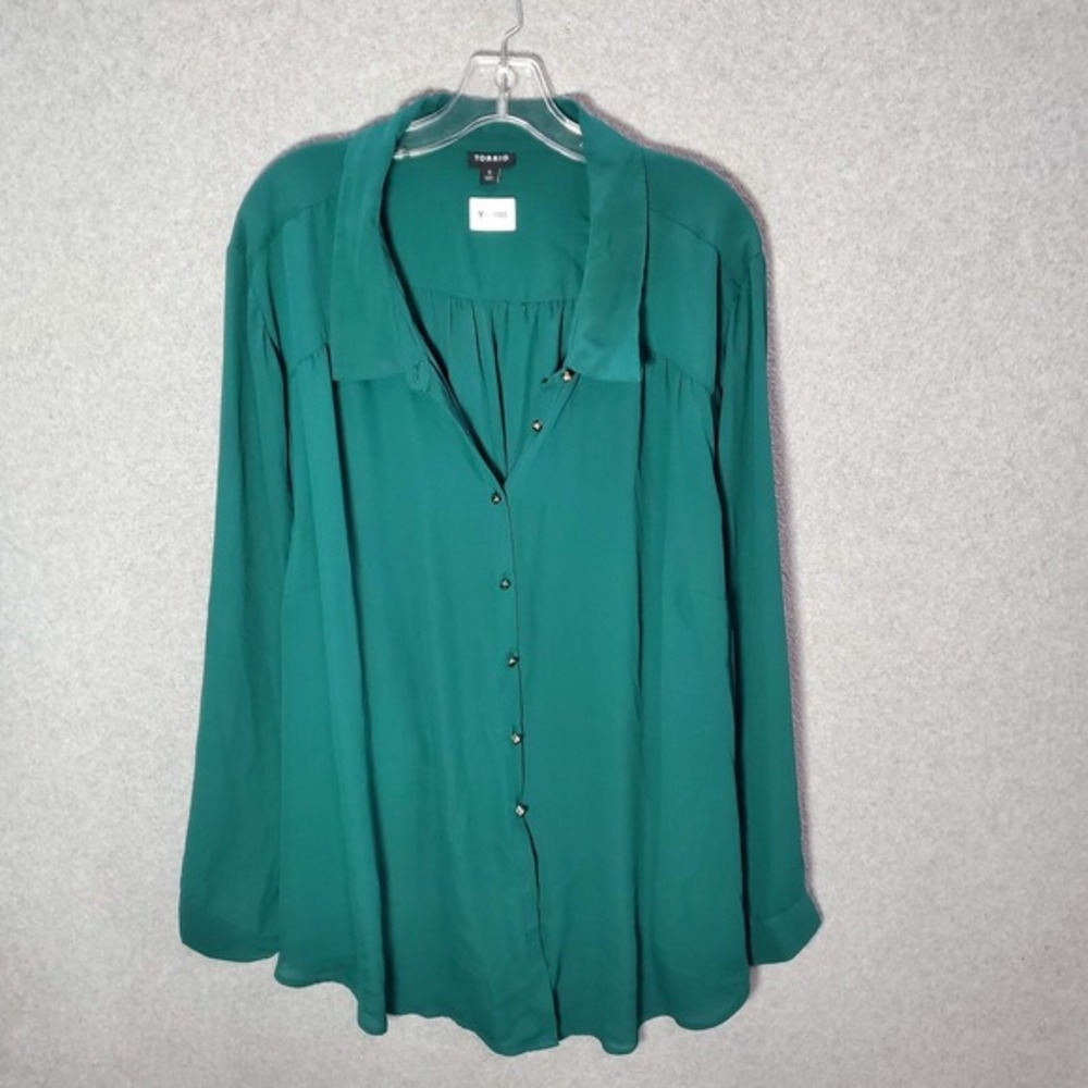 Torrid Women Top 5 Green Tunic Blouse Button Up Long Sleeve Collar